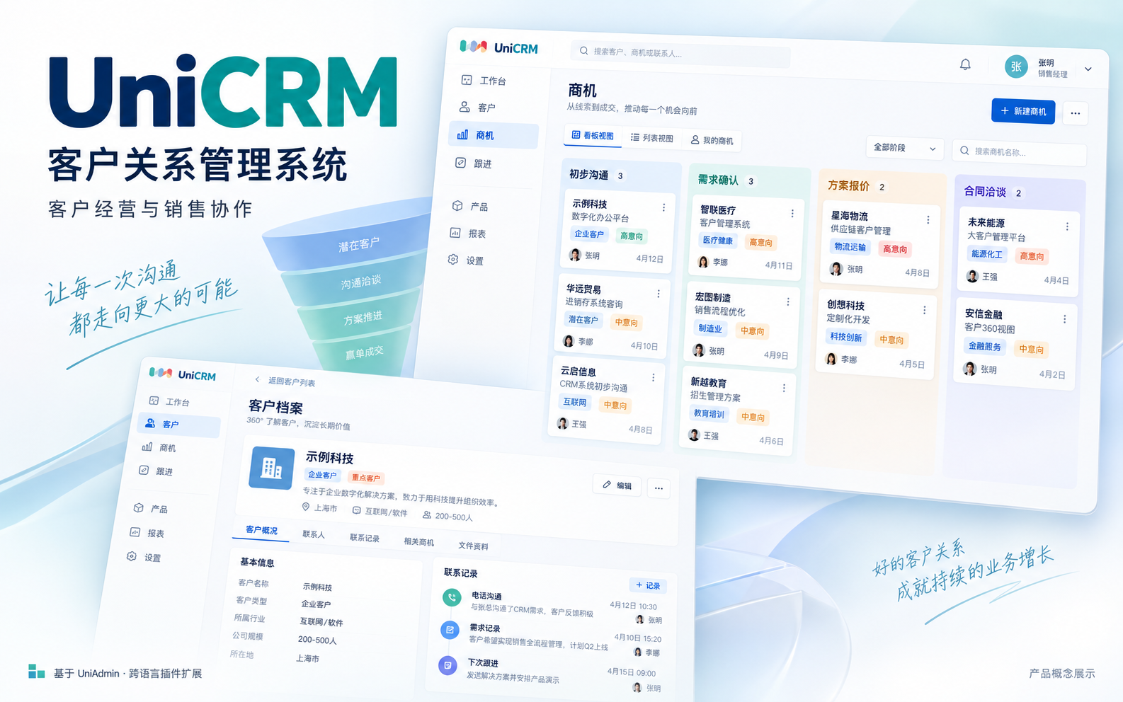 UniCRM 产品宣传图，展示客户档案、商机与销售跟进